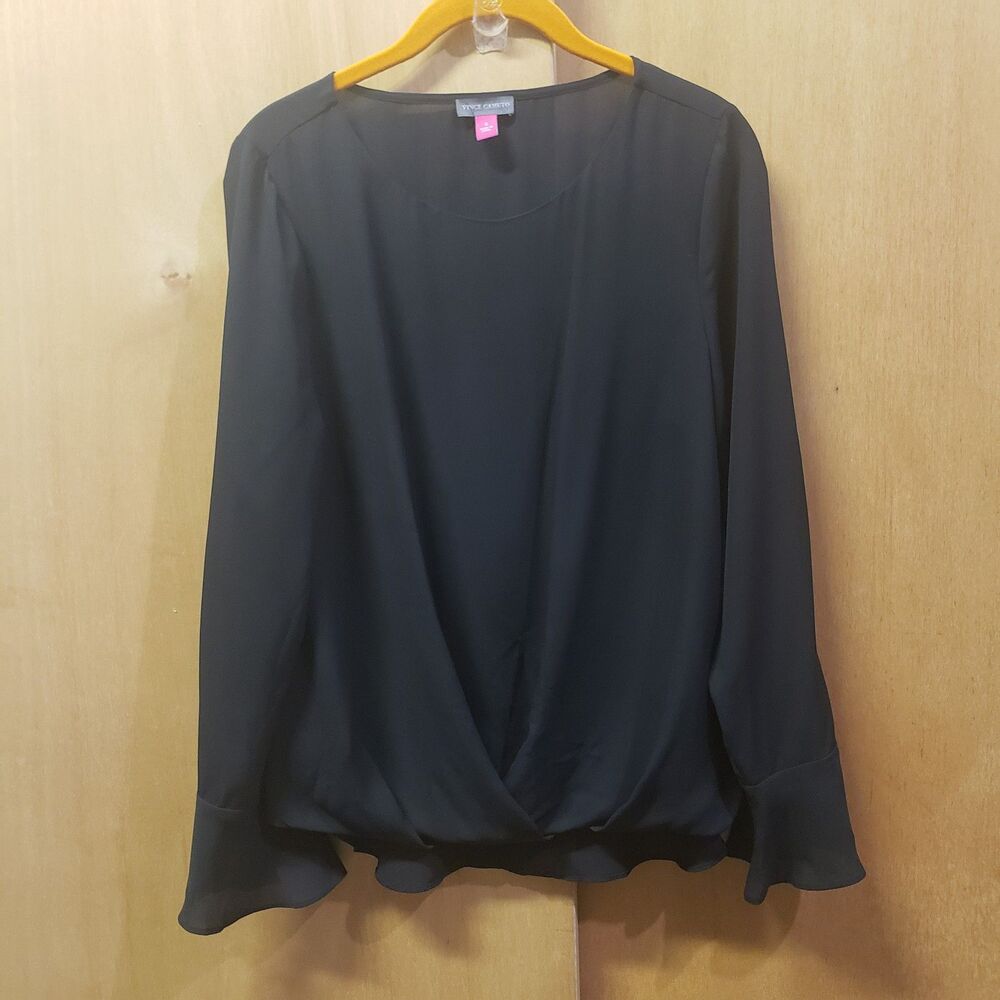 Vince Camuto Faux black wrap-front long-sleeve blouse Sz S #C1